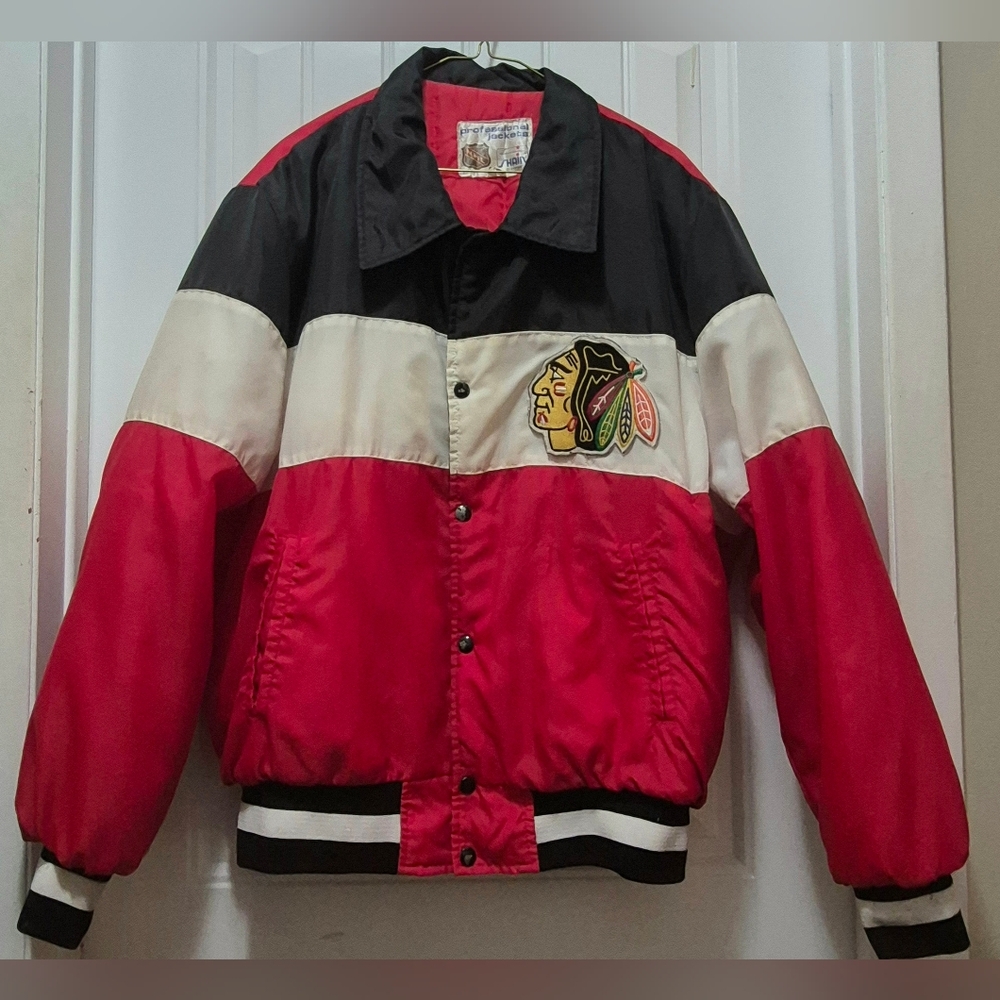 Mens Vintage 1980s Shain Chicago Blackhawks NHL Snap Front Bomber Jacket
